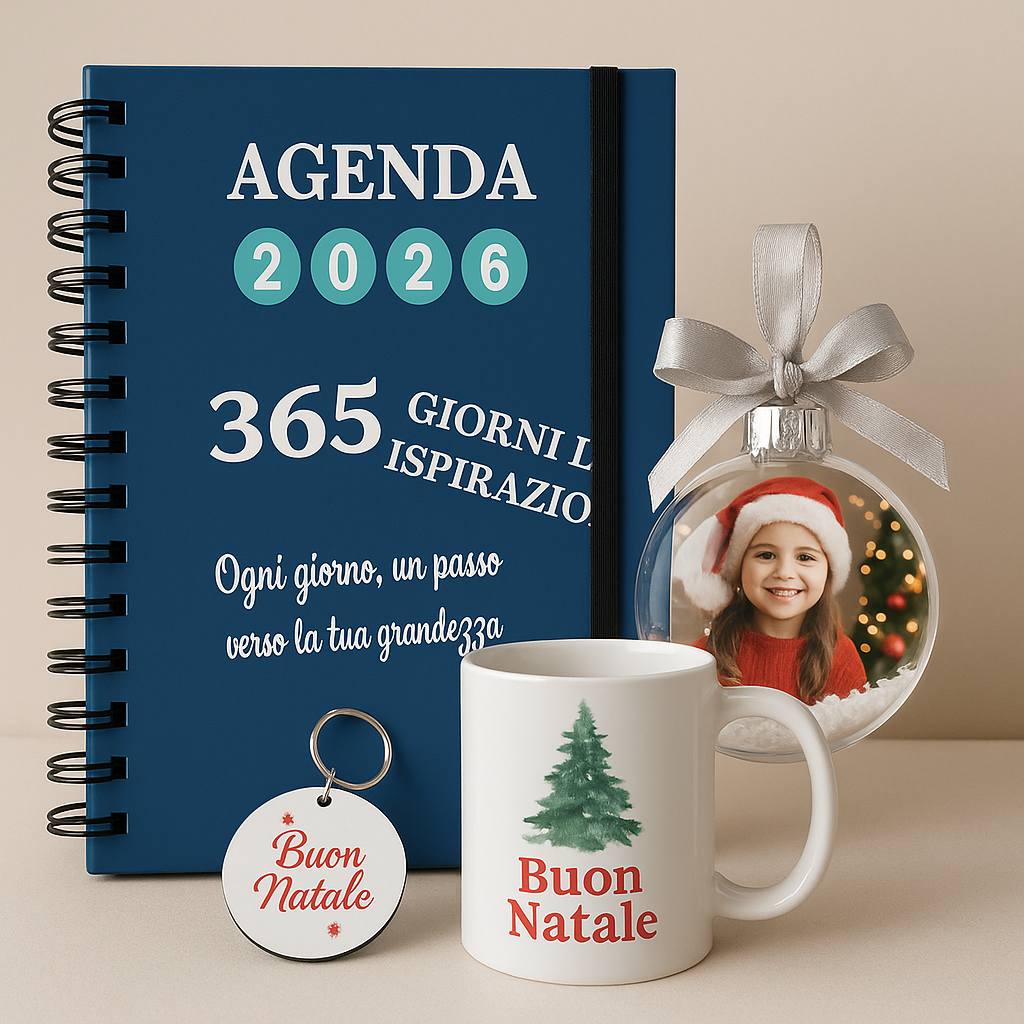 Kit Natale Personalizzato – Agenda 2026, Tazza, Pallina e Portachiavi